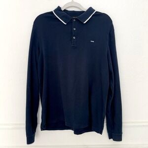 Michael Kors Mens Navy MK Logo Long Sleeve Polo Shirt Trim Collar Size Large